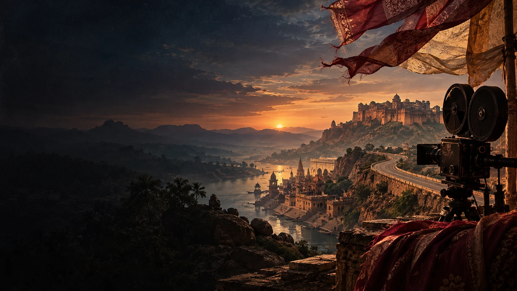 Conceptual archival film scene overlooking Indian cultural landscapes at sunset
