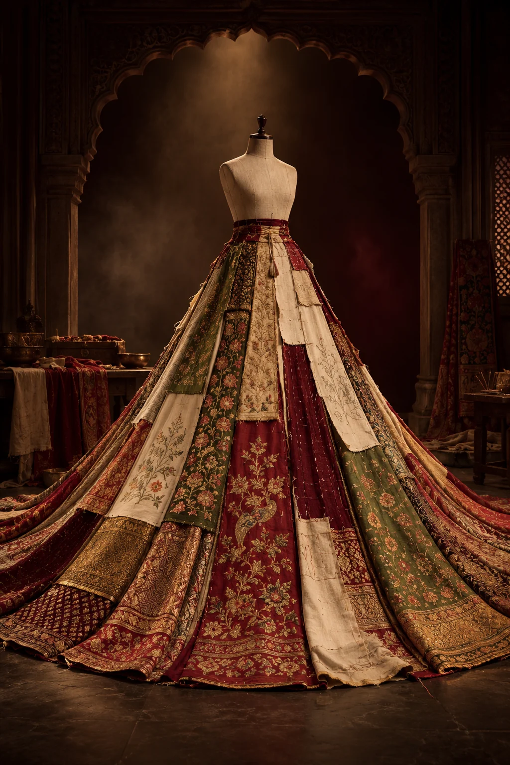 Conceptual visualisation of an unfinished collaborative lehenga assembled from many textile panels